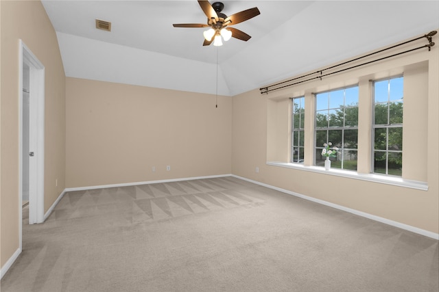 11539 Byronstone Dr, Houston, TX 77066 - empty room featuring light colored carpet, baseboards, ceiling fan, and lofted ceiling