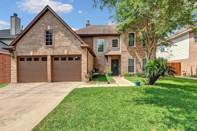 10010 Silverwood Way, Houston, TX 77070 - traditional-style house with a chimney, concrete driveway, a front yard, a garage, and brick siding