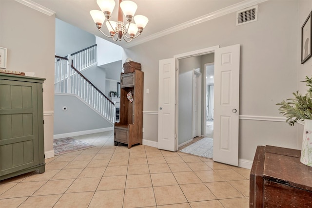 10010 Silverwood Way, Houston, TX 77070 - empty room with stairs, ornamental molding, a chandelier, light tile patterned floors, and baseboards