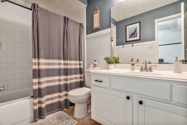 10010 Silverwood Way, Houston, TX 77070 - full bath featuring a textured wall, toilet, vanity, shower / tub combo with curtain, and tile patterned floors