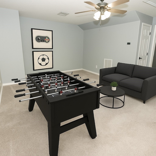 8611 Riverbend Canyon Ln, Houston, TX 77089 - playroom featuring carpet flooring, baseboards, a ceiling fan, and vaulted ceiling