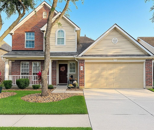 8611 Riverbend Canyon Ln, Houston, TX 77089 - view of front of home featuring an attached garage, brick siding, concrete driveway, and covered porch