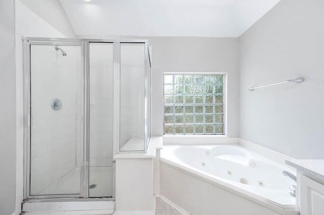 2604 Sunday House Ct, Pearland, TX 77584 - bathroom featuring a stall shower, a tub with jets, and vanity