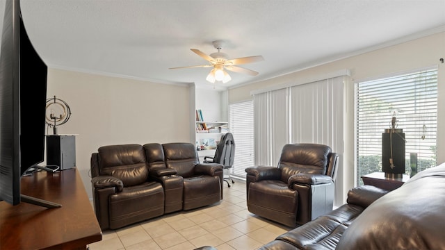 14777 Wunderlich Dr Unit 2013, Houston, TX 77069 - living room with a ceiling fan, light tile patterned floors, and crown molding