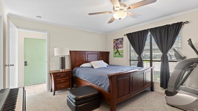 14777 Wunderlich Dr Unit 2013, Houston, TX 77069 - bedroom featuring crown molding, a ceiling fan, light tile patterned floors, light carpet, and baseboards