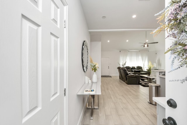 3707 Kingston Vale Dr, Houston, TX 77082 - foyer featuring light wood finished floors, ceiling fan, baseboards, and recessed lighting