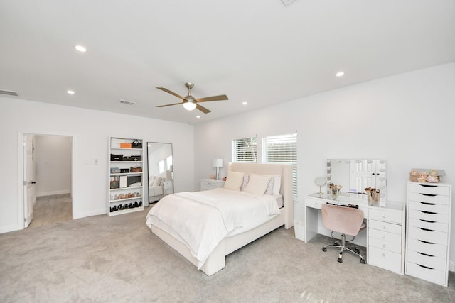 3707 Kingston Vale Dr, Houston, TX 77082 - bedroom featuring light carpet, a desk, recessed lighting, a ceiling fan, and baseboards