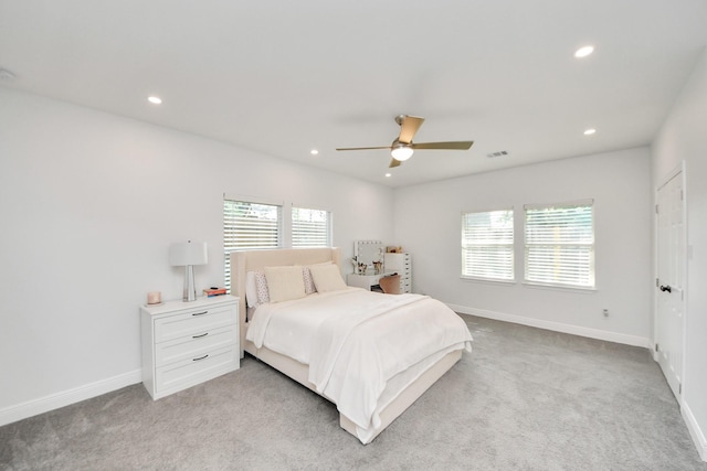 3707 Kingston Vale Dr, Houston, TX 77082 - bedroom featuring recessed lighting, light colored carpet, baseboards, and ceiling fan