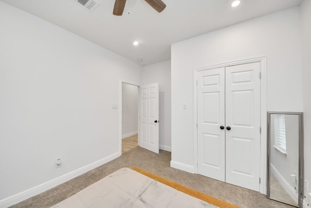 3707 Kingston Vale Dr, Houston, TX 77082 - bedroom featuring light carpet, baseboards, a closet, recessed lighting, and ceiling fan