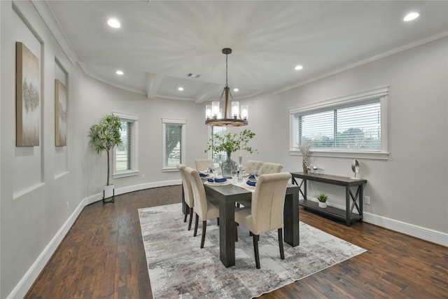 7737 Brookside Rd, Pearland, TX 77581 - dining area with recessed lighting, plenty of natural light, baseboards, a chandelier, and dark wood-style floors