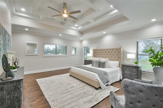 7737 Brookside Rd, Pearland, TX 77581 - bedroom featuring crown molding, coffered ceiling, multiple windows, recessed lighting, and dark wood-style floors