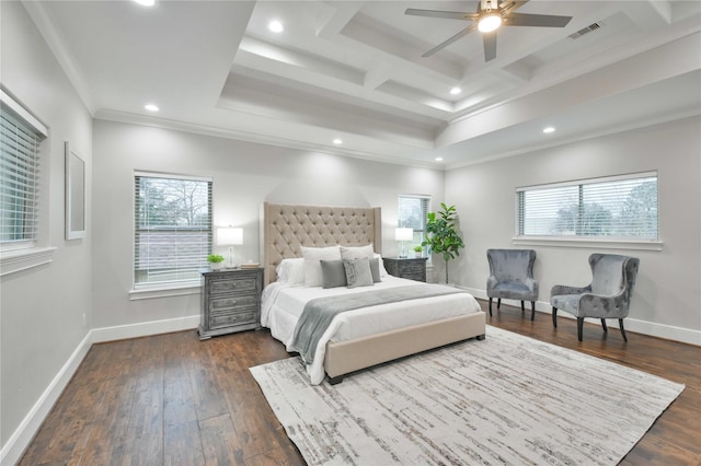 7737 Brookside Rd, Pearland, TX 77581 - bedroom with ornamental molding, multiple windows, recessed lighting, coffered ceiling, and dark wood-style flooring