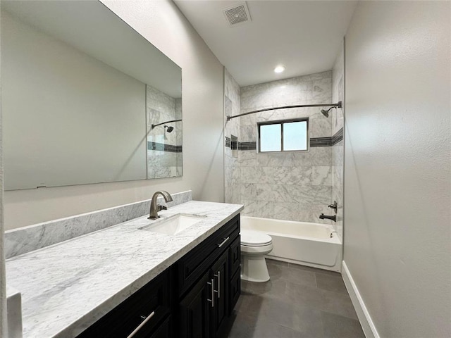 7737 Brookside Rd, Pearland, TX 77581 - bathroom featuring vanity, toilet, tub / shower combination, baseboards, and tile patterned flooring
