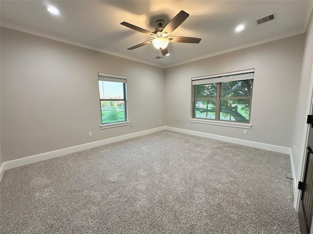 7737 Brookside Rd, Pearland, TX 77581 - carpeted spare room featuring a ceiling fan, baseboards, crown molding, and recessed lighting