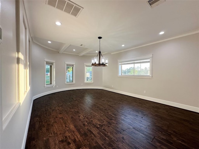 7737 Brookside Rd, Pearland, TX 77581 - unfurnished room featuring a chandelier, dark wood-style floors, recessed lighting, baseboards, and crown molding