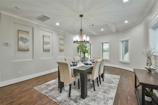 7737 Brookside Rd, Pearland, TX 77581 - dining space with a chandelier, baseboards, recessed lighting, dark wood-style floors, and ornamental molding