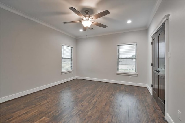 7737 Brookside Rd, Pearland, TX 77581 - unfurnished bedroom featuring multiple windows, dark wood finished floors, crown molding, baseboards, and recessed lighting