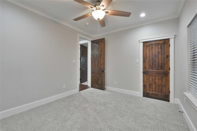 7737 Brookside Rd, Pearland, TX 77581 - unfurnished bedroom with carpet, baseboards, ornamental molding, ceiling fan, and recessed lighting