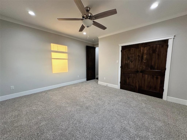7737 Brookside Rd, Pearland, TX 77581 - unfurnished bedroom with recessed lighting, ornamental molding, baseboards, carpet floors, and ceiling fan