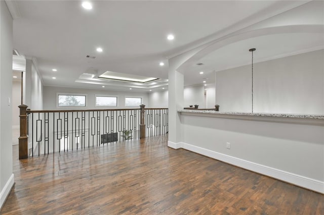 7737 Brookside Rd, Pearland, TX 77581 - spare room featuring crown molding, wood finished floors, baseboards, recessed lighting, and a tray ceiling