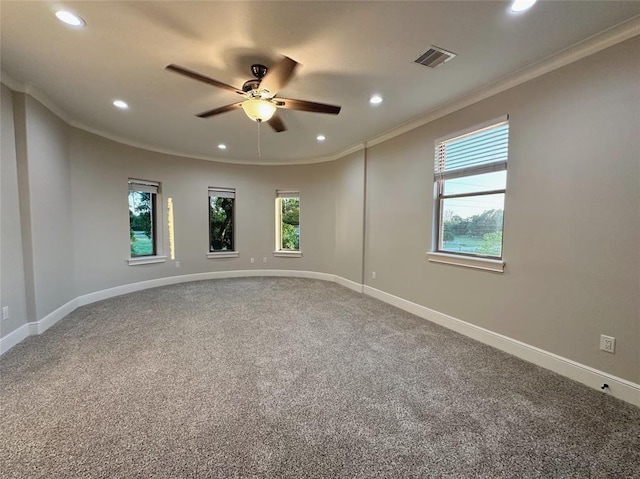 7737 Brookside Rd, Pearland, TX 77581 - empty room with ornamental molding, recessed lighting, a ceiling fan, carpet floors, and baseboards