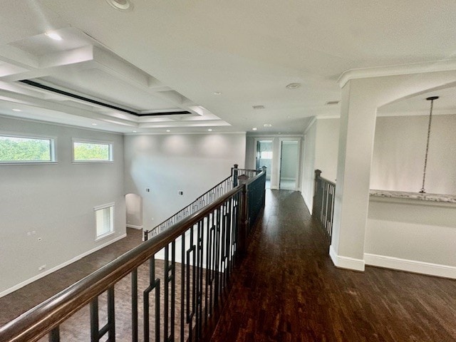 7737 Brookside Rd, Pearland, TX 77581 - hallway with ornamental molding, an upstairs landing, baseboards, wood finished floors, and coffered ceiling