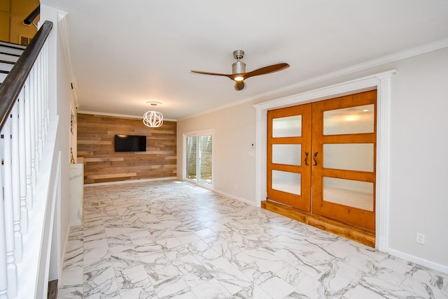 201 Vanderpool Ln Unit 27, Houston, TX 77024 - entryway with wood walls, marble finish floors, french doors, baseboards, and crown molding