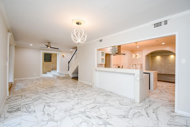 201 Vanderpool Ln Unit 27, Houston, TX 77024 - unfurnished living room featuring a chandelier, ornamental molding, arched walkways, recessed lighting, and a ceiling fan