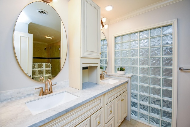201 Vanderpool Ln Unit 27, Houston, TX 77024 - bathroom with double vanity, ornamental molding, and tiled shower