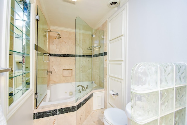 201 Vanderpool Ln Unit 27, Houston, TX 77024 - full bathroom featuring ornamental molding, a combined bath / shower with jetted tub, and toilet