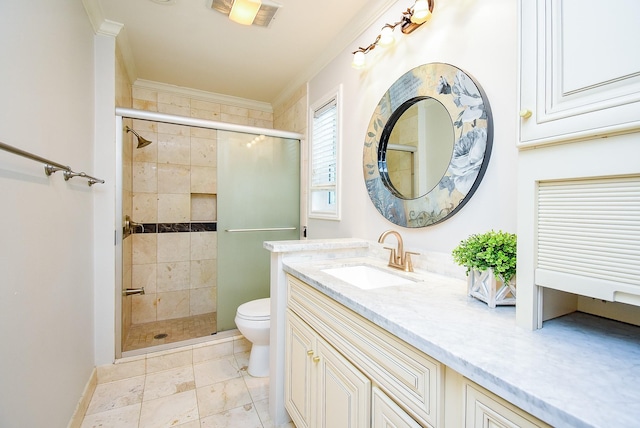 201 Vanderpool Ln Unit 27, Houston, TX 77024 - full bath with toilet, ornamental molding, vanity, a stall shower, and marble look tiles