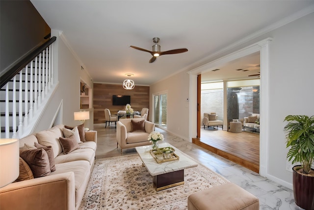 201 Vanderpool Ln Unit 27, Houston, TX 77024 - living room featuring ornamental molding, ceiling fan, light marble finish floors, stairway, and baseboards