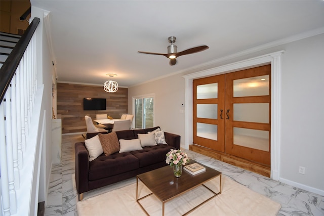 201 Vanderpool Ln Unit 27, Houston, TX 77024 - living area with wooden walls, french doors, light marble finish floors, ornamental molding, and stairway