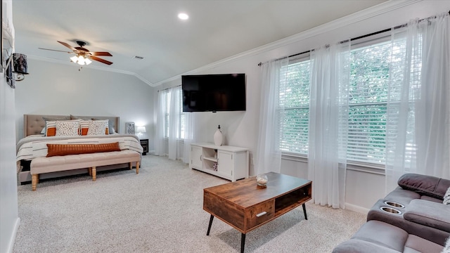 20703 Emerald Spruce Ct, Kingwood, TX 77346 - bedroom featuring crown molding, multiple windows, lofted ceiling, light carpet, and baseboards