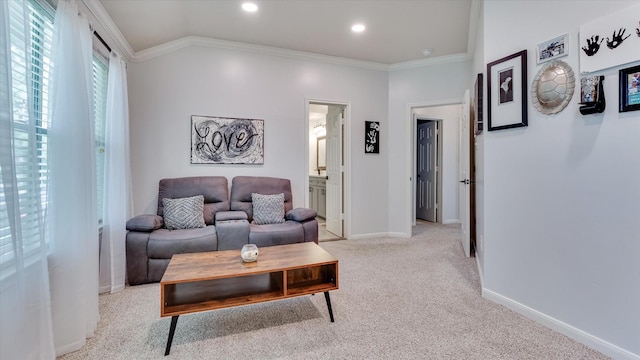 20703 Emerald Spruce Ct, Kingwood, TX 77346 - living area with light carpet, crown molding, baseboards, and recessed lighting