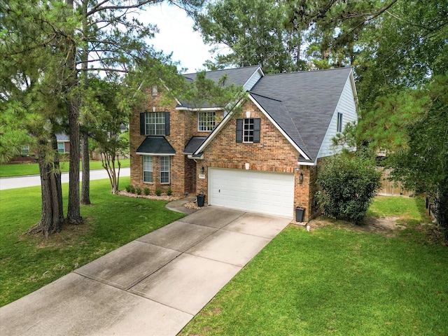 20703 Emerald Spruce Ct, Kingwood, TX 77346 - traditional-style house featuring concrete driveway, brick siding, a front lawn, an attached garage, and a shingled roof