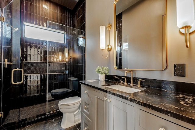 1810 Woodcrest Dr, Houston, TX 77018 - full bath with toilet, a stall shower, vanity, and marble finish flooring