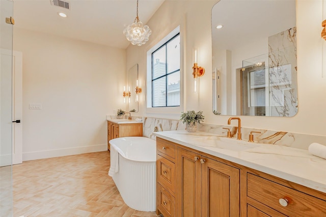 1810 Woodcrest Dr, Houston, TX 77018 - bathroom with two vanities, a soaking tub, walk in shower, a chandelier, and baseboards