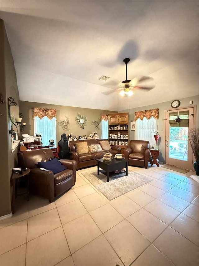 20122 Yellow Canyon Falls Dr, Tomball, TX 77375 - living room with tile patterned flooring, ceiling fan, and lofted ceiling