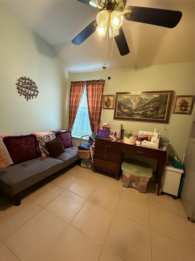 20122 Yellow Canyon Falls Dr, Tomball, TX 77375 - tiled living room with ceiling fan and vaulted ceiling