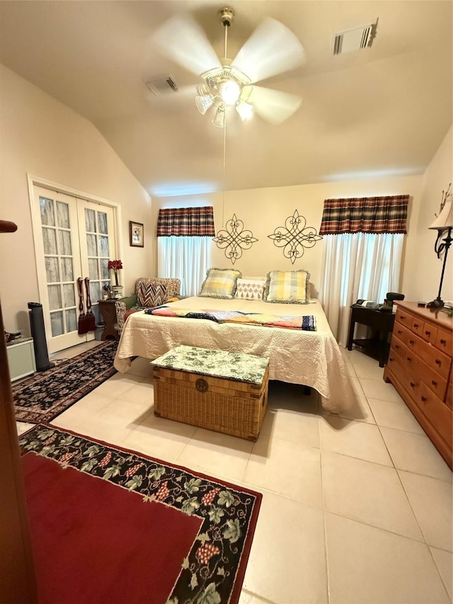 20122 Yellow Canyon Falls Dr, Tomball, TX 77375 - bedroom with vaulted ceiling, ceiling fan, french doors, and light tile patterned flooring