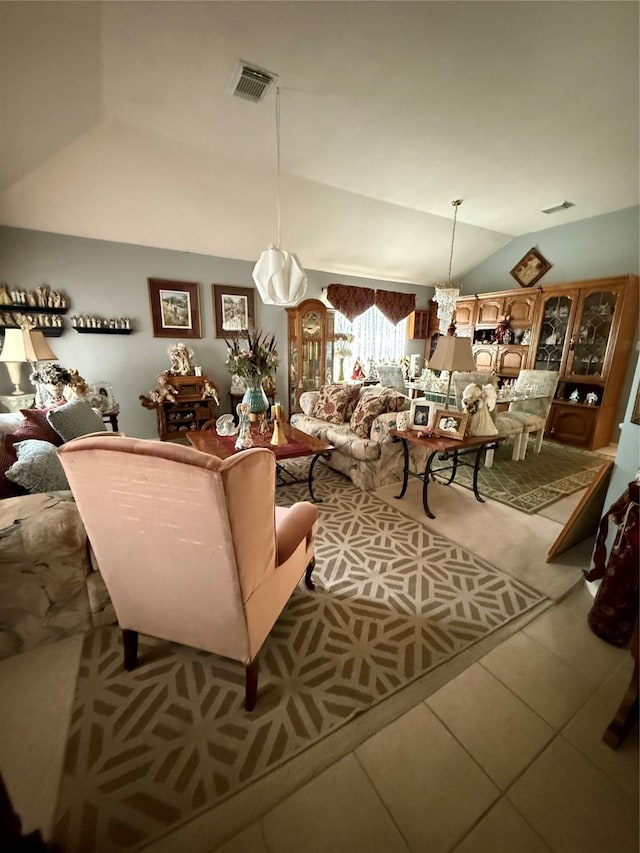 20122 Yellow Canyon Falls Dr, Tomball, TX 77375 - living area with lofted ceiling, tile patterned floors, and a chandelier