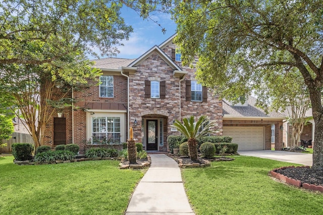 15718 Starcreek Ln, Houston, TX 77044 - traditional home with concrete driveway, brick siding, roof with shingles, an attached garage, and stone siding