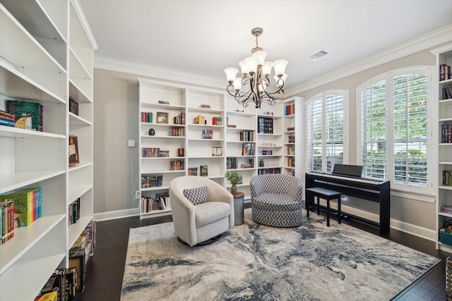 15718 Starcreek Ln, Houston, TX 77044 - living area featuring ornamental molding, a chandelier, baseboards, and dark wood-type flooring