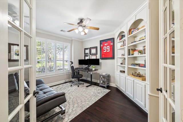 15718 Starcreek Ln, Houston, TX 77044 - office space featuring ceiling fan, ornamental molding, dark wood finished floors, baseboards, and french doors