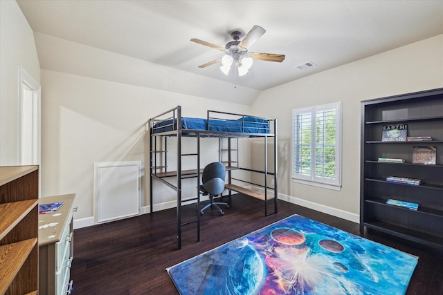15718 Starcreek Ln, Houston, TX 77044 - bedroom featuring lofted ceiling, wood-type flooring, baseboards, and a ceiling fan