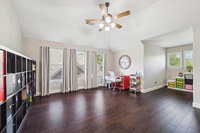 15718 Starcreek Ln, Houston, TX 77044 - living area featuring a ceiling fan, wood finished floors, lofted ceiling, and baseboards