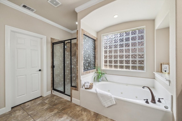 15718 Starcreek Ln, Houston, TX 77044 - bathroom with a shower stall, a tub with jets, ornamental molding, tile patterned flooring, and baseboards