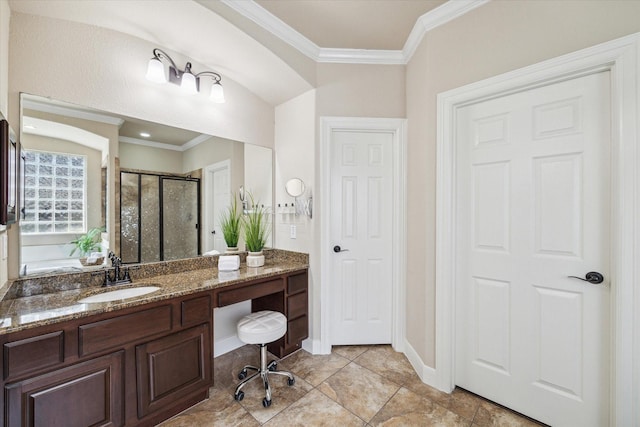 15718 Starcreek Ln, Houston, TX 77044 - bathroom with crown molding, a stall shower, vanity, baseboards, and tile patterned flooring