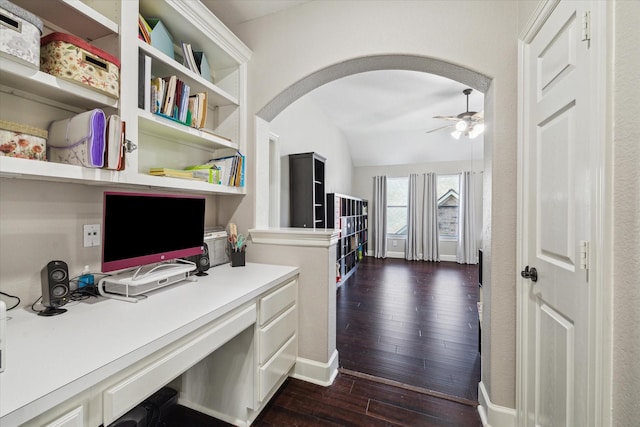 15718 Starcreek Ln, Houston, TX 77044 - office space featuring a ceiling fan, arched walkways, dark wood-type flooring, baseboards, and lofted ceiling